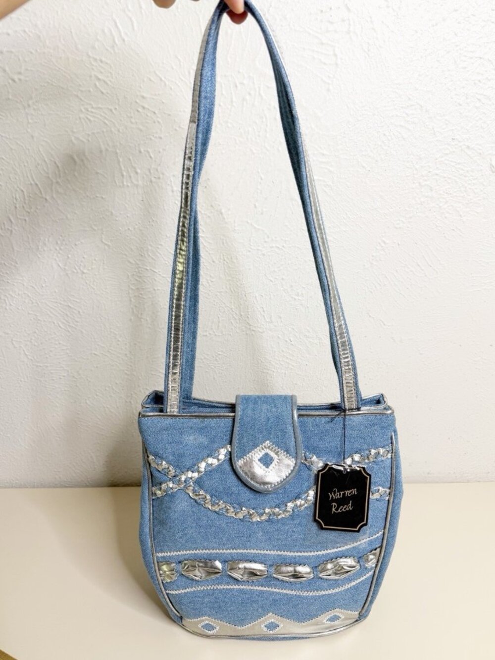 VTG Warren Reed Denim Embellished Shoulder Purse Blue & Silver 10x 10.5 x6 NWT